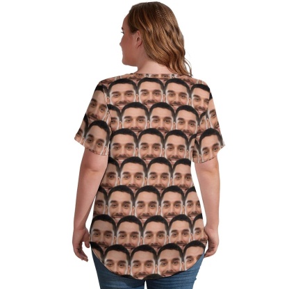 Custom #Plus Size T-shirt-Custom Face Seamless Boyfriend Plus Size V Neck T-shirt for Her Design Your Own Shirt Gift - YesCustom