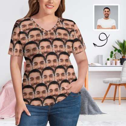 Custom #Plus Size T-shirt-Custom Face Seamless Boyfriend Plus Size V Neck T-shirt for Her Design Your Own Shirt Gift - YesCustom