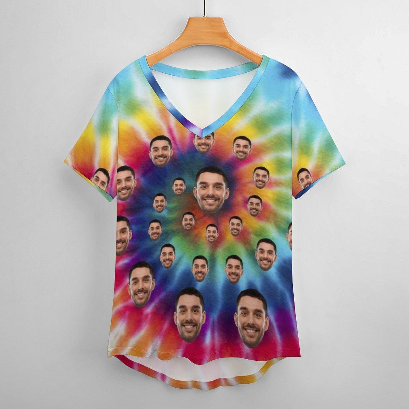 Custom #Plus Size T-shirt-Custom Face Tie Dye Plus Size V Neck T-shirt for Her Print Your Own Face on Shirt - YesCustom