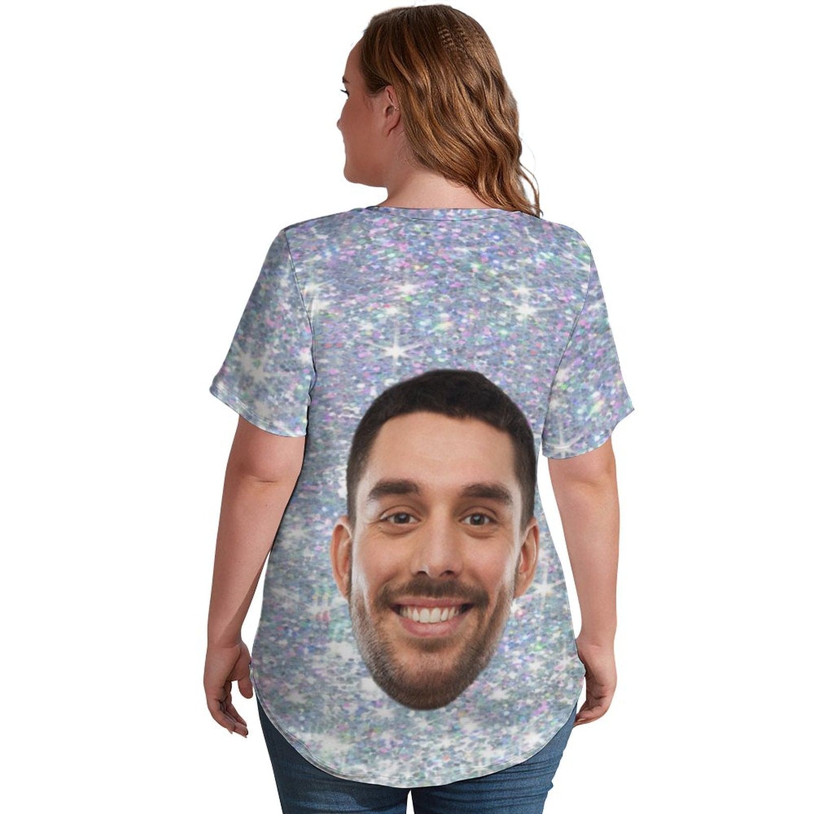Custom #Plus Size T-shirt-Custom Galaxy Plus Size V Neck T-shirt for Her Print Your Own Face on Shirt - YesCustom