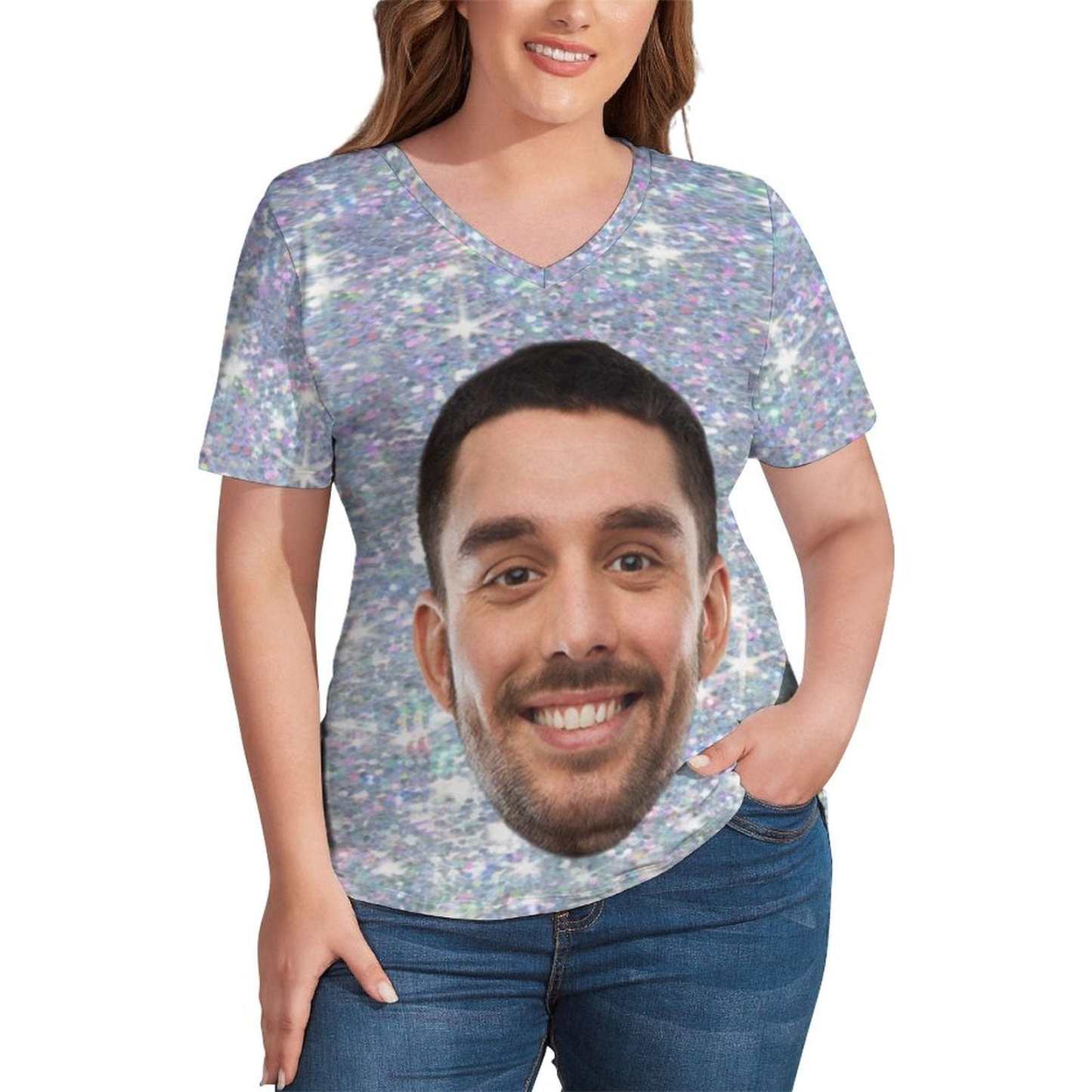 Custom #Plus Size T-shirt-Custom Galaxy Plus Size V Neck T-shirt for Her Print Your Own Face on Shirt - YesCustom