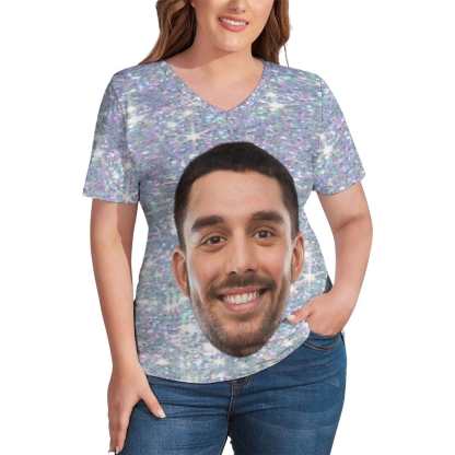 Custom #Plus Size T-shirt-Custom Galaxy Plus Size V Neck T-shirt for Her Print Your Own Face on Shirt - YesCustom