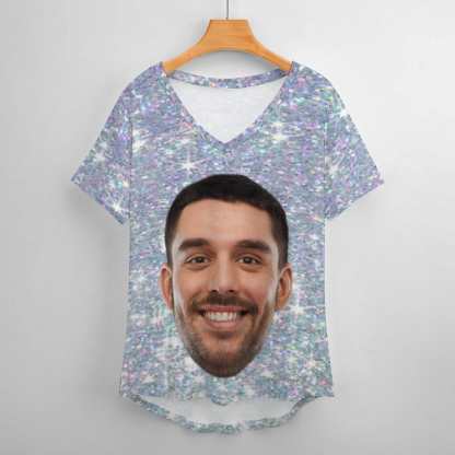 Custom #Plus Size T-shirt-Custom Galaxy Plus Size V Neck T-shirt for Her Print Your Own Face on Shirt - YesCustom