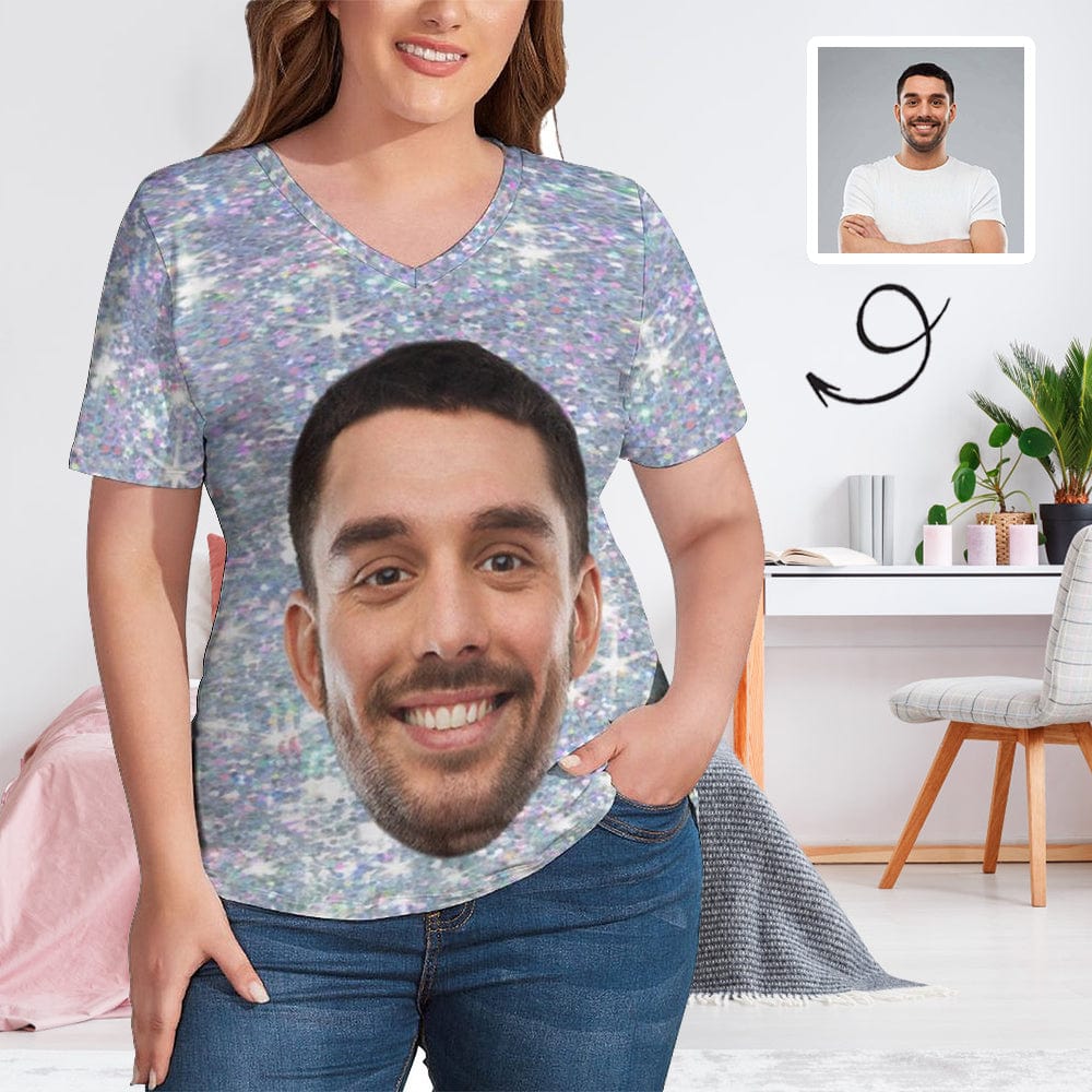 Custom #Plus Size T-shirt-Custom Galaxy Plus Size V Neck T-shirt for Her Print Your Own Face on Shirt - YesCustom