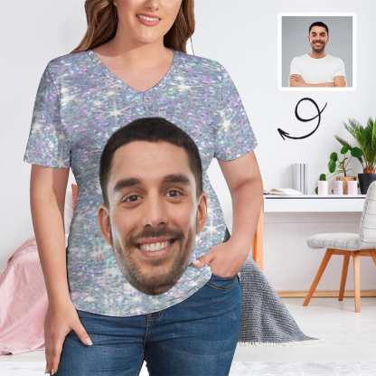 Custom #Plus Size T-shirt-Custom Galaxy Plus Size V Neck T-shirt for Her Print Your Own Face on Shirt - YesCustom