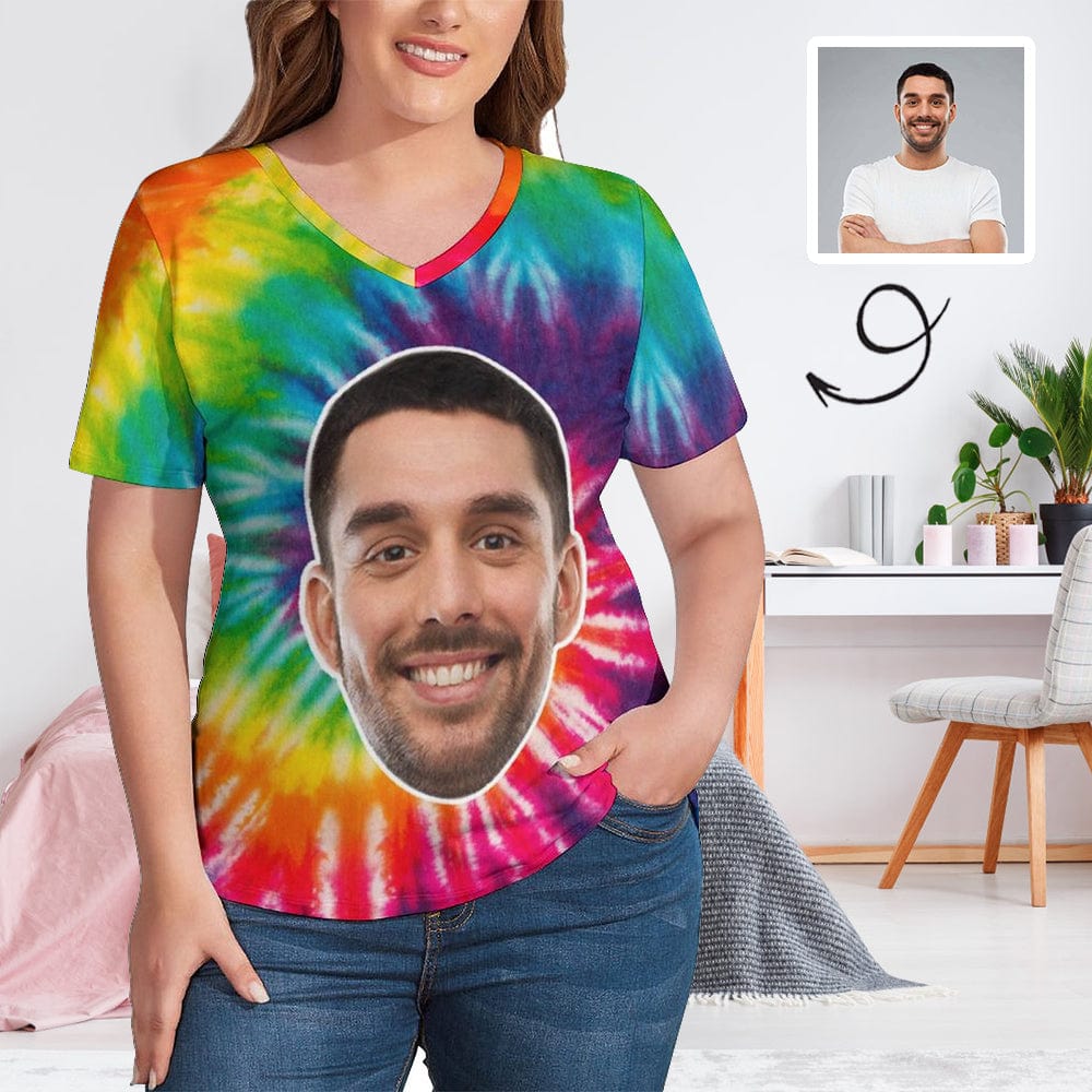 Custom #Plus Size T-shirt-Custom Smile Face Tie Dye Plus Size V Neck T-shirt for Her Print Your Own Face on Shirt - YesCustom