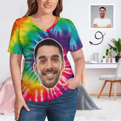 Custom #Plus Size T-shirt-Custom Smile Face Tie Dye Plus Size V Neck T-shirt for Her Print Your Own Face on Shirt - YesCustom
