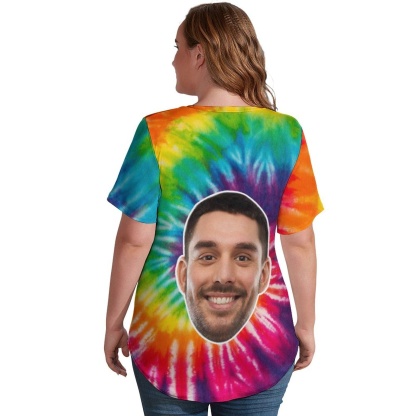 Custom #Plus Size T-shirt-Custom Smile Face Tie Dye Plus Size V Neck T-shirt for Her Print Your Own Face on Shirt - YesCustom