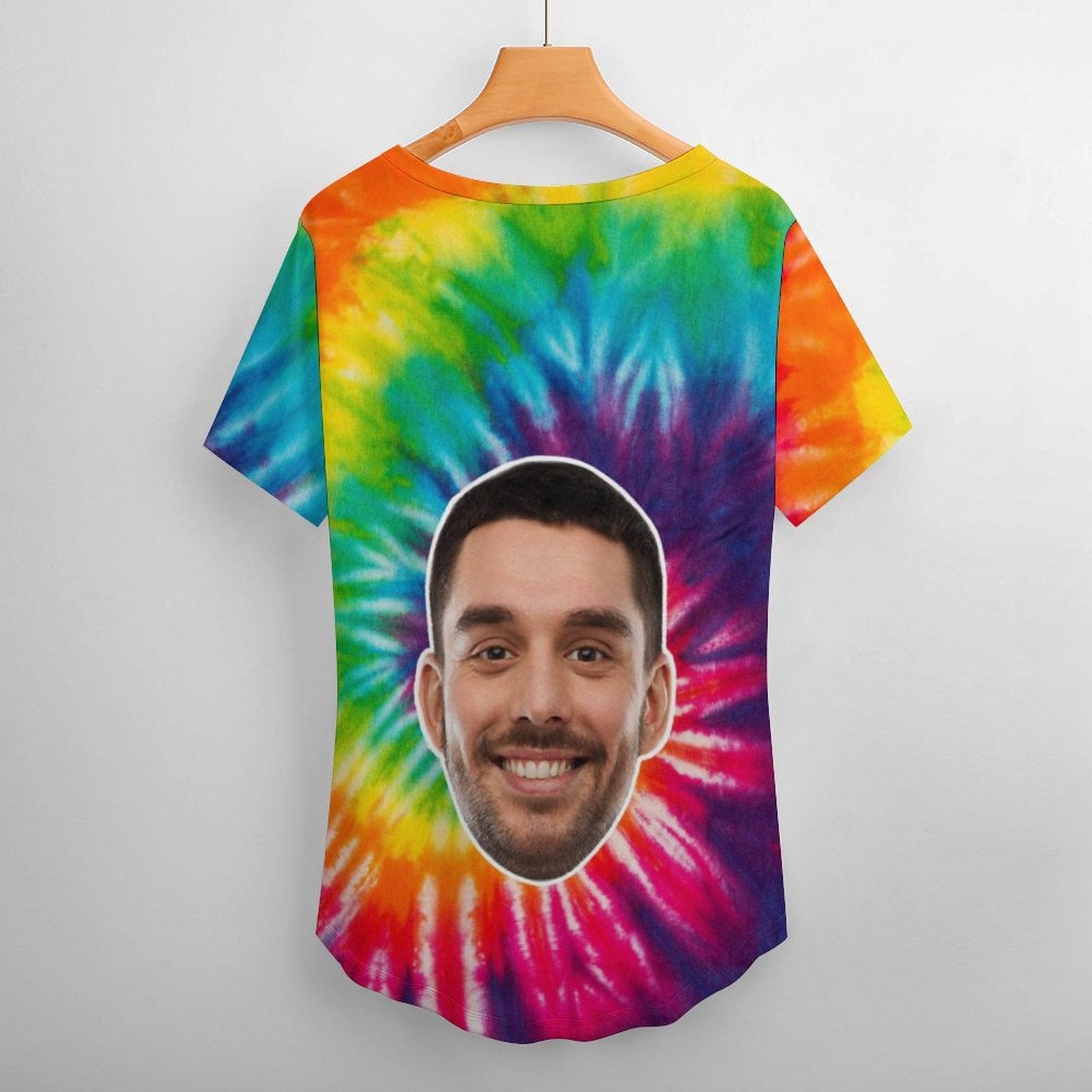 Custom #Plus Size T-shirt-Custom Smile Face Tie Dye Plus Size V Neck T-shirt for Her Print Your Own Face on Shirt - YesCustom
