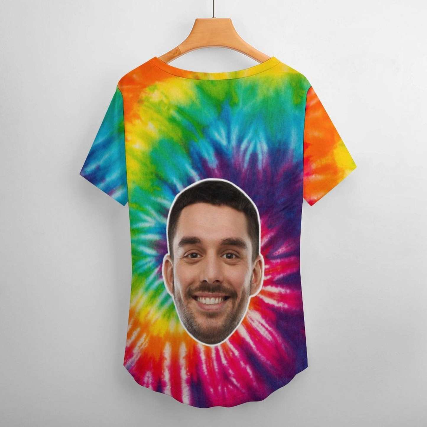 Custom #Plus Size T-shirt-Custom Smile Face Tie Dye Plus Size V Neck T-shirt for Her Print Your Own Face on Shirt - YesCustom