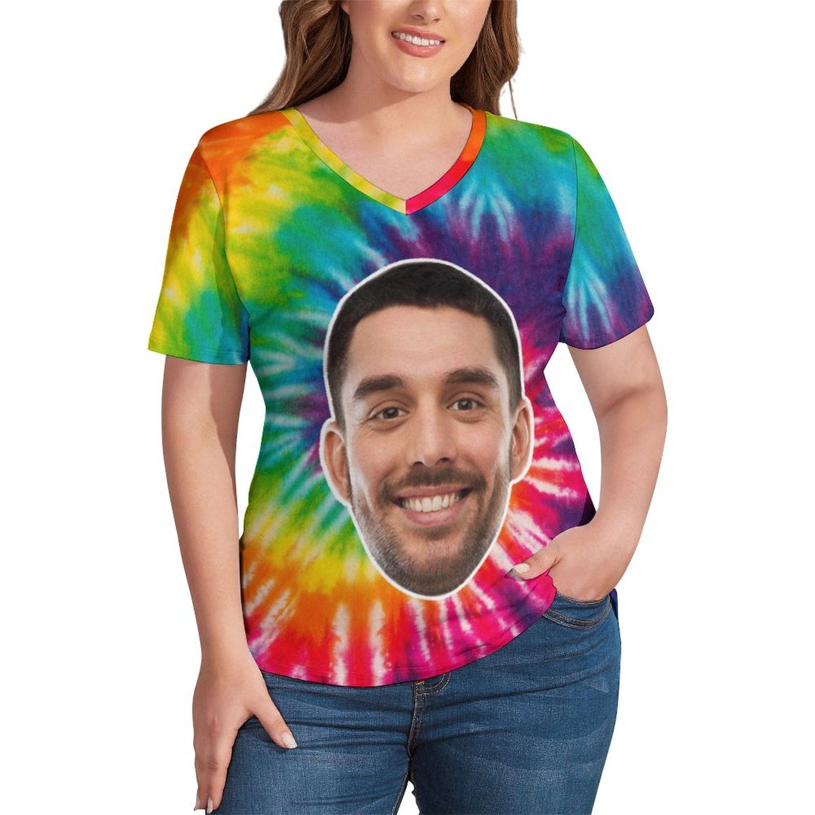 Custom #Plus Size T-shirt-Custom Smile Face Tie Dye Plus Size V Neck T-shirt for Her Print Your Own Face on Shirt - YesCustom
