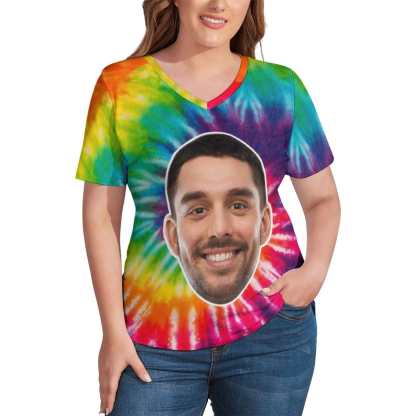 Custom #Plus Size T-shirt-Custom Smile Face Tie Dye Plus Size V Neck T-shirt for Her Print Your Own Face on Shirt - YesCustom