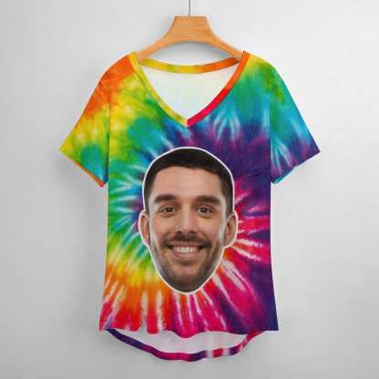 Custom #Plus Size T-shirt-Custom Smile Face Tie Dye Plus Size V Neck T-shirt for Her Print Your Own Face on Shirt - YesCustom
