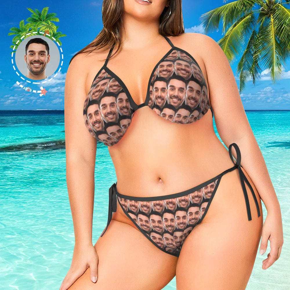 Custom #Plus Size Triangle Bikini-Custom Seamless Face Plus Size Swimsuit String Halter Tie Side Low Waisted Triangle Bikini Plus Size Swimwear Personalized Bathing Suit Women's Two Piece Swimsuit Summer Beach Pool Outfits - YesCustom