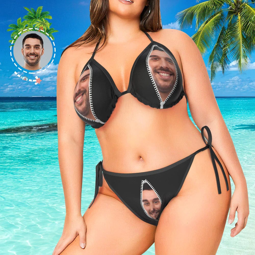 Custom #Plus Size Triangle Bikini-Custom Zipper String Halter Tie Side Low Waisted Triangle Bikini Plus Size Swimwear Personalized Bathing Suit Women's Two Piece Swimsuit Summer Beach Pool Outfits - YesCustom
