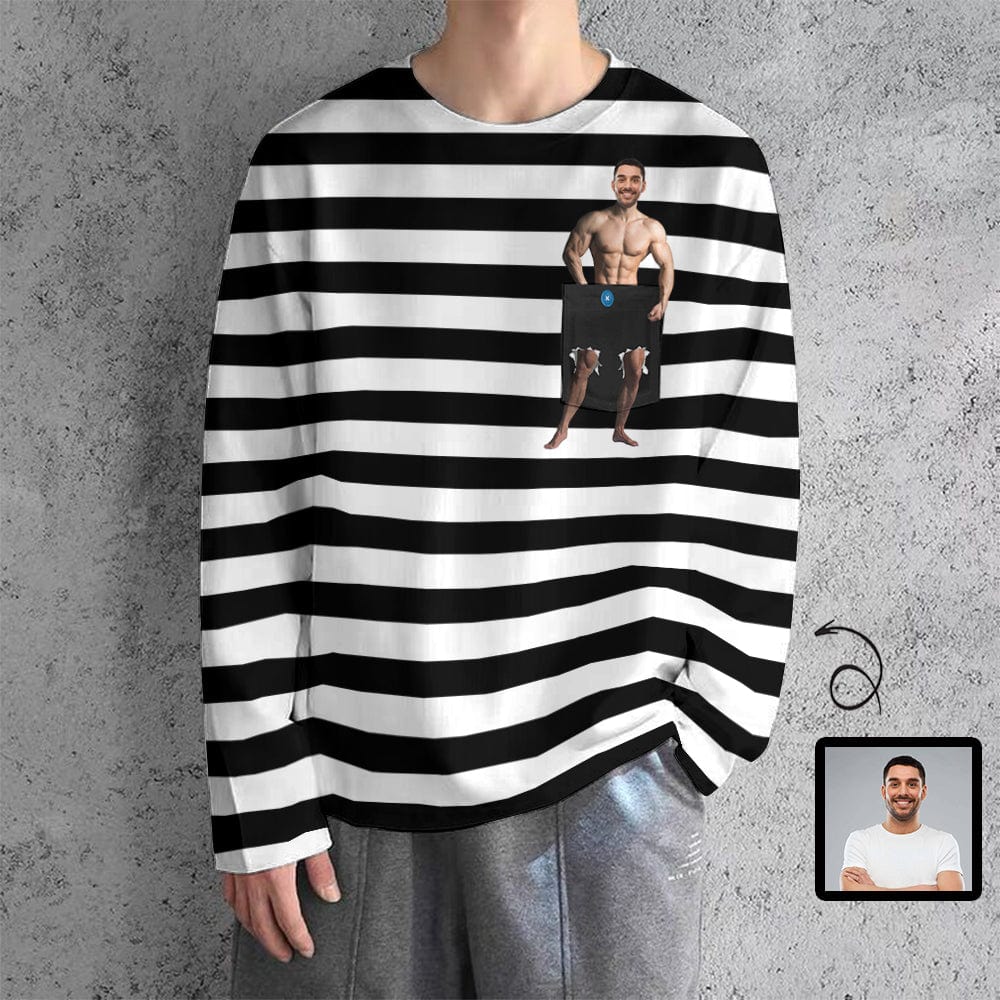 Custom #Pocket Sweatshirt Custom Face Black and White Stripes Loose Sweatshirt Personalized Face Loose Sweatshirt With Pocket - YesCustom
