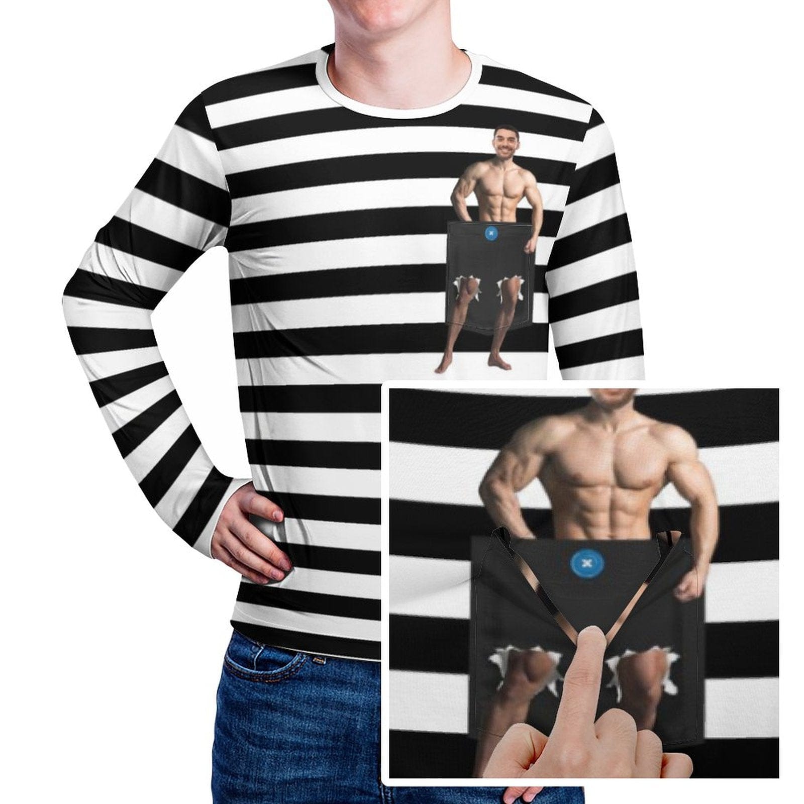 Custom #Pocket Sweatshirt Custom Face Black and White Stripes Loose Sweatshirt Personalized Face Loose Sweatshirt With Pocket - YesCustom