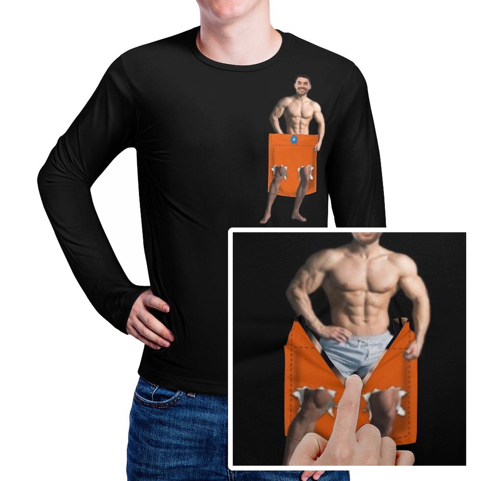 Custom #Pocket Sweatshirt Custom Face Funny Black Loose Sweatshirt Personalized Face Loose Sweatshirt With Pocket - YesCustom