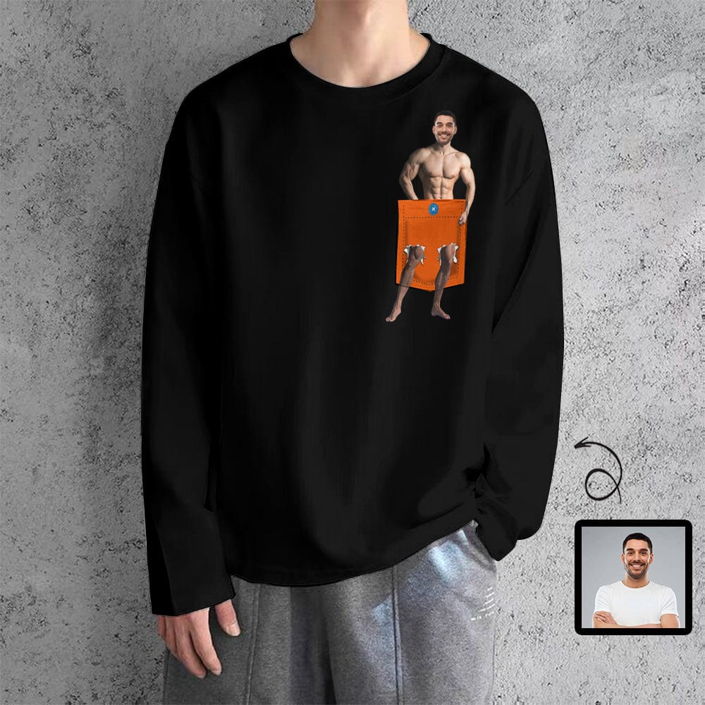 Custom #Pocket Sweatshirt Custom Face Funny Black Loose Sweatshirt Personalized Face Loose Sweatshirt With Pocket - YesCustom