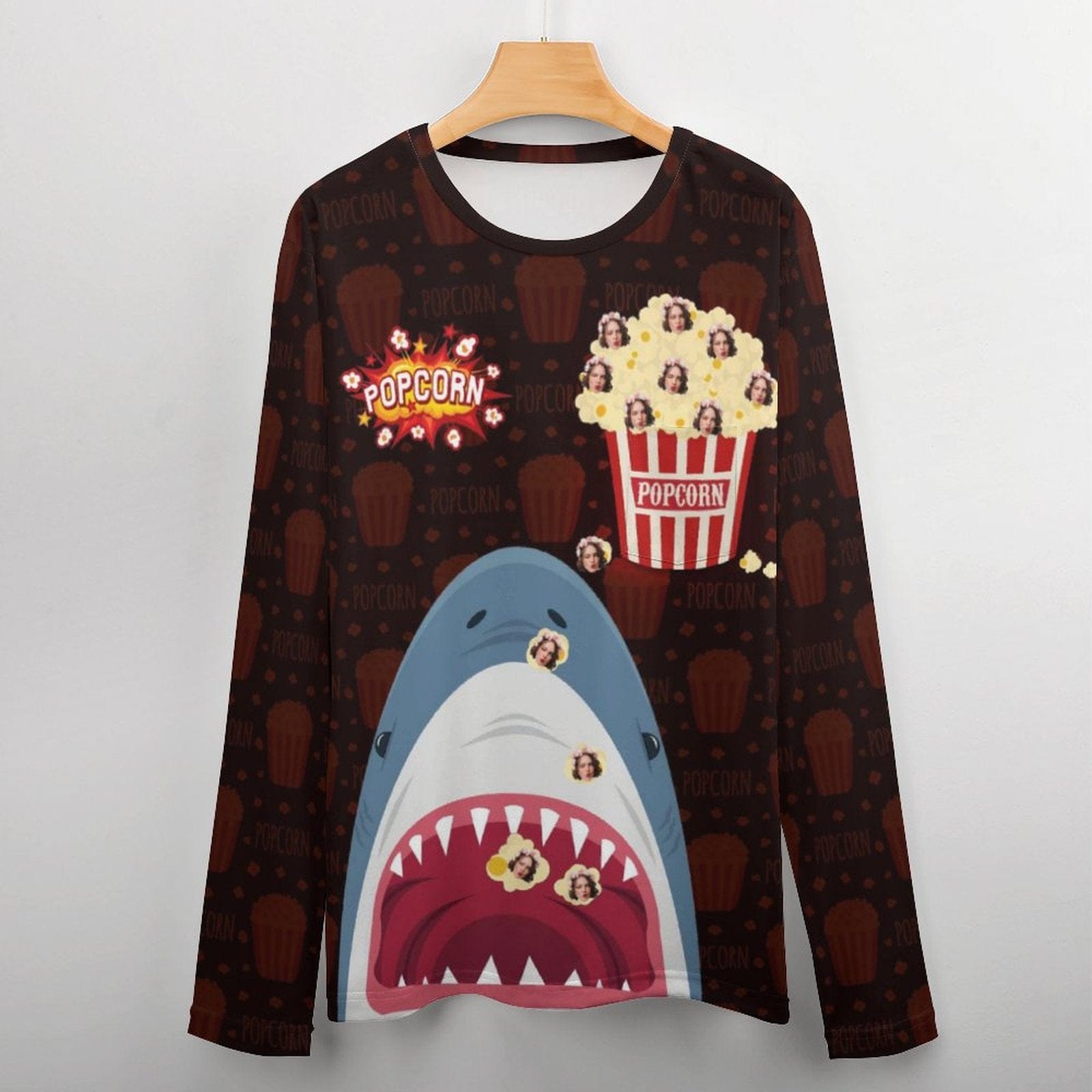 Custom #Pocket Sweatshirt Custom Face Shark and Popcorn Loose Sweatshirt Personalized Face Loose Sweatshirt With Pocket - YesCustom