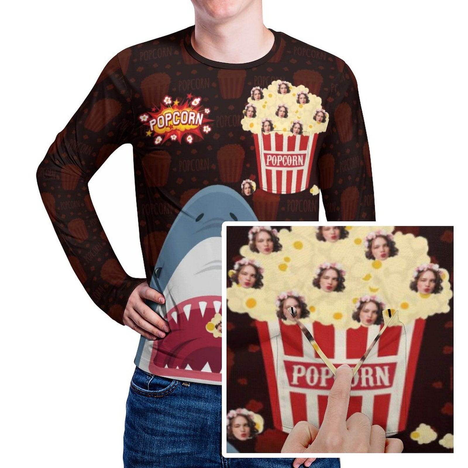 Custom #Pocket Sweatshirt Custom Face Shark and Popcorn Loose Sweatshirt Personalized Face Loose Sweatshirt With Pocket - YesCustom