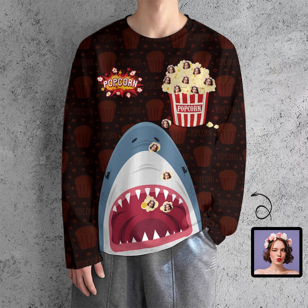 Custom #Pocket Sweatshirt Custom Face Shark and Popcorn Loose Sweatshirt Personalized Face Loose Sweatshirt With Pocket - YesCustom