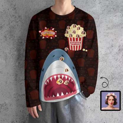 Custom #Pocket Sweatshirt Custom Face Shark and Popcorn Loose Sweatshirt Personalized Face Loose Sweatshirt With Pocket - YesCustom