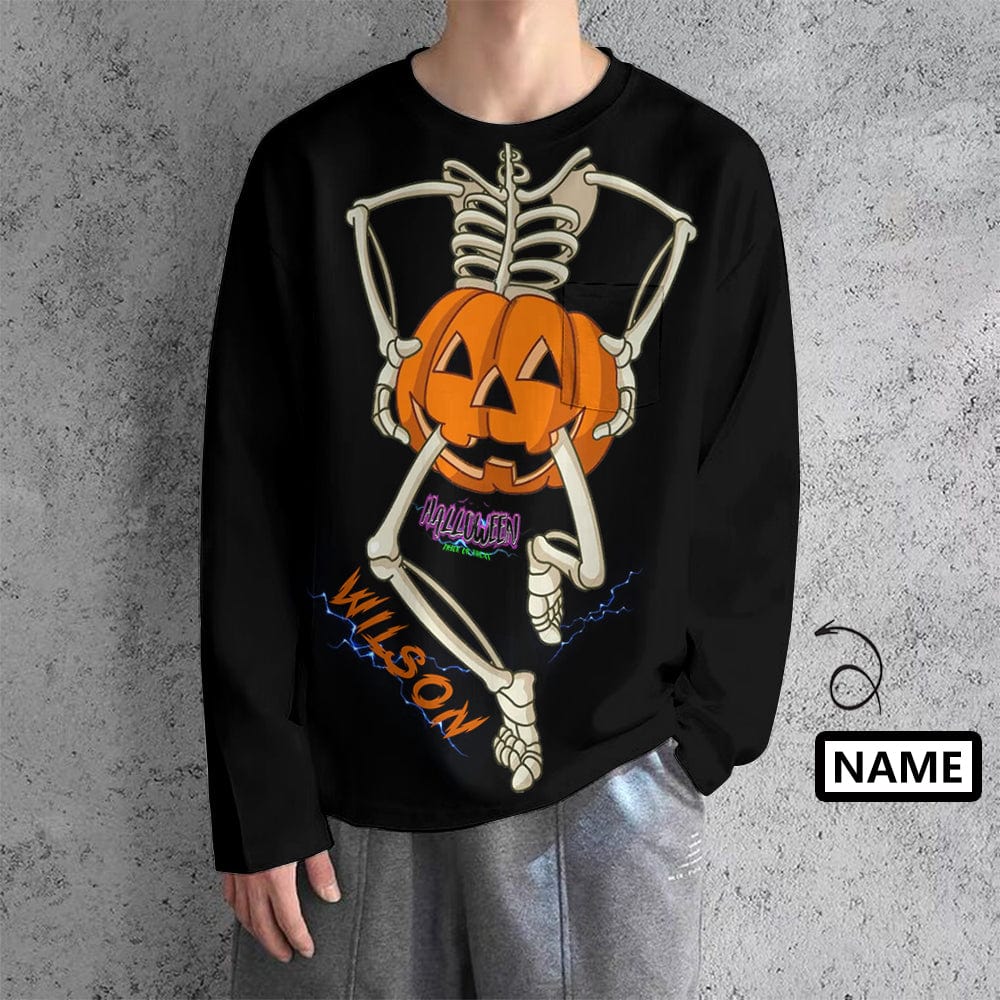 Custom #Pocket Sweatshirt Custom Name Pumpkin Skull Loose Sweatshirt Personalized Men's Loose Sweatshirt For Halloween With Pocket - YesCustom