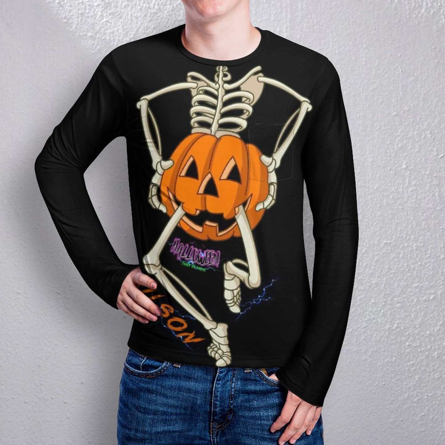 Custom #Pocket Sweatshirt Custom Name Pumpkin Skull Loose Sweatshirt Personalized Men's Loose Sweatshirt For Halloween With Pocket - YesCustom