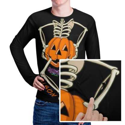 Custom #Pocket Sweatshirt Custom Name Pumpkin Skull Loose Sweatshirt Personalized Men's Loose Sweatshirt For Halloween With Pocket - YesCustom