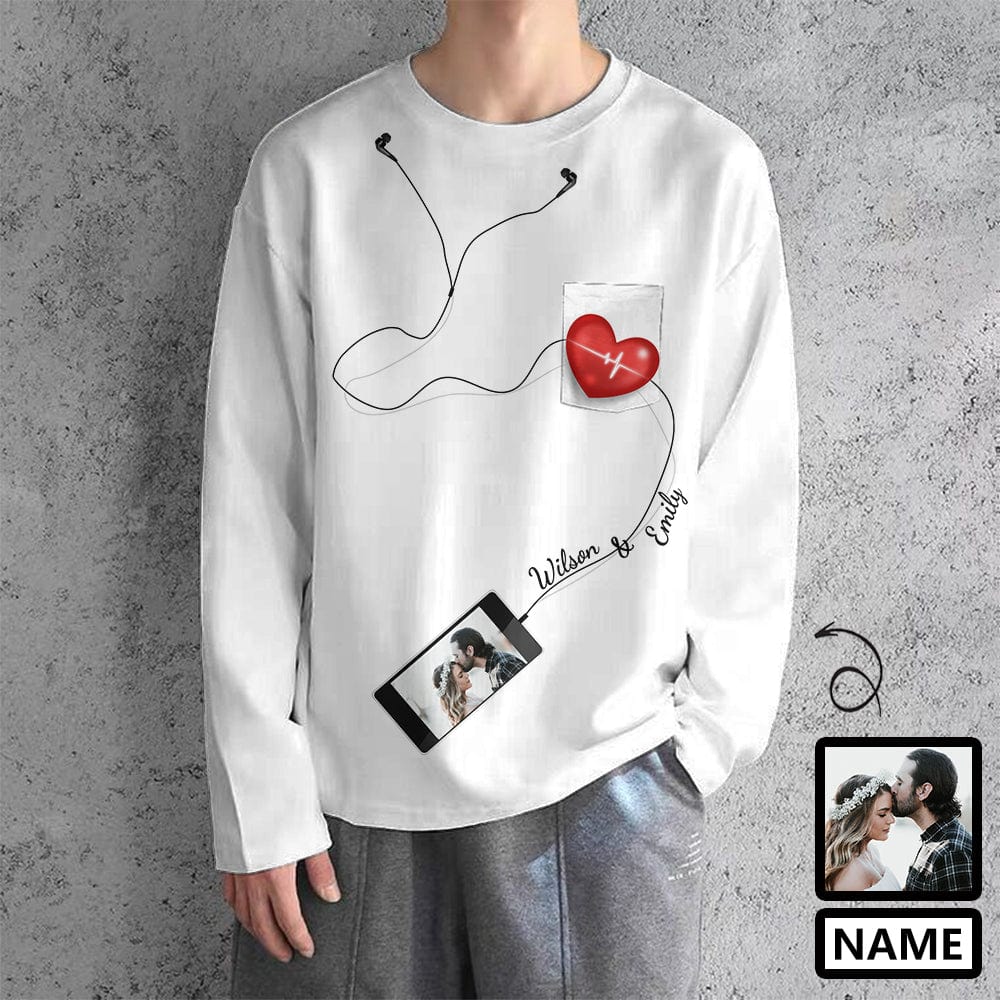 Custom #Pocket Sweatshirt Custom Name&Photo Earphone Red Heart Loose Sweatshirt Personalized Photo Loose Sweatshirt With Pocket - YesCustom