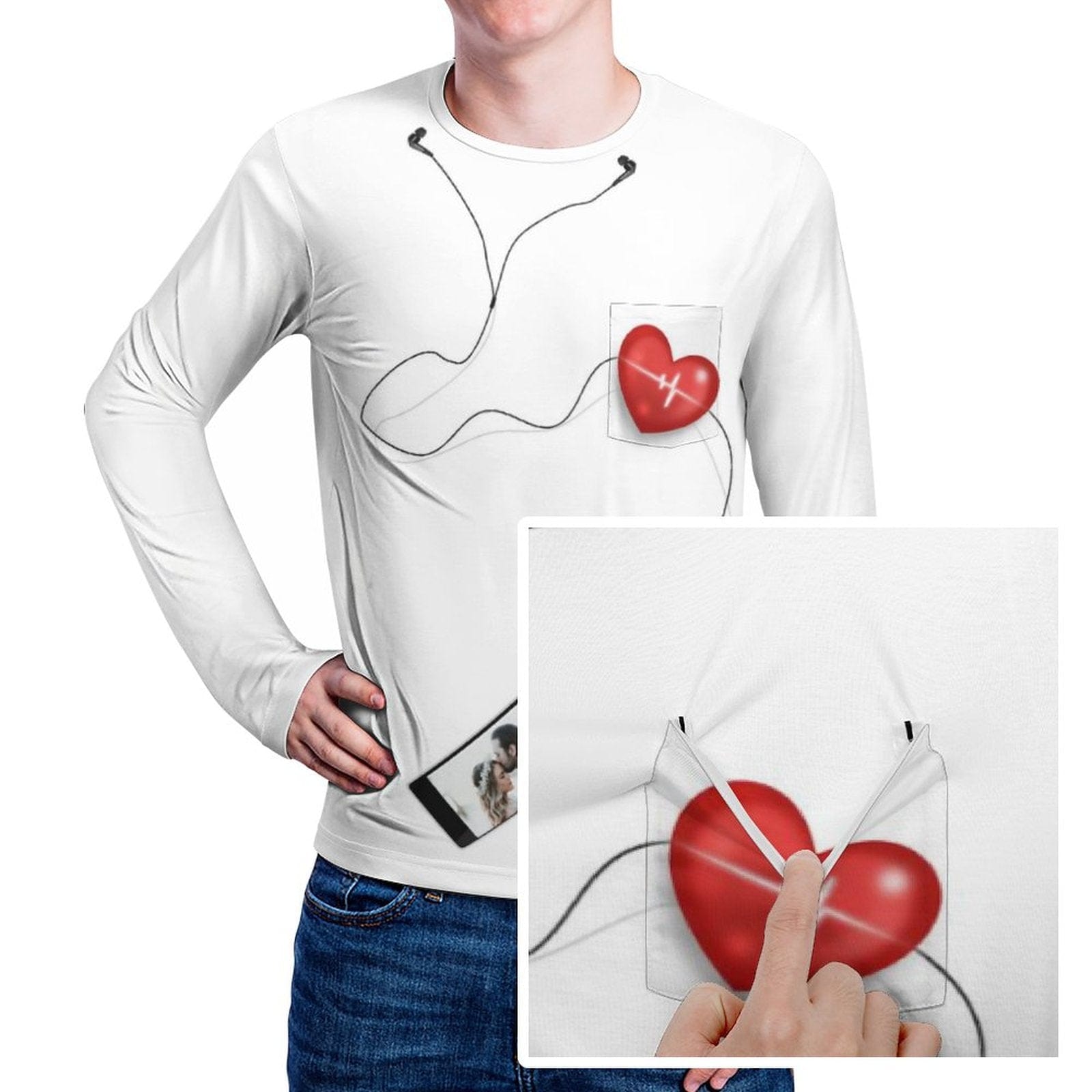 Custom #Pocket Sweatshirt Custom Name&Photo Earphone Red Heart Loose Sweatshirt Personalized Photo Loose Sweatshirt With Pocket - YesCustom