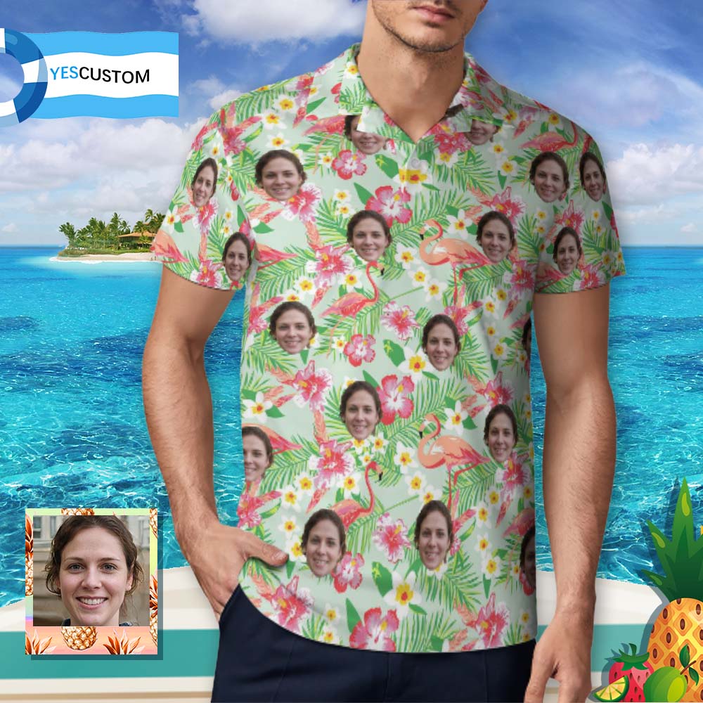 Custom Face Pink Flamingo Polo Shirts Personalized Shirts for Men