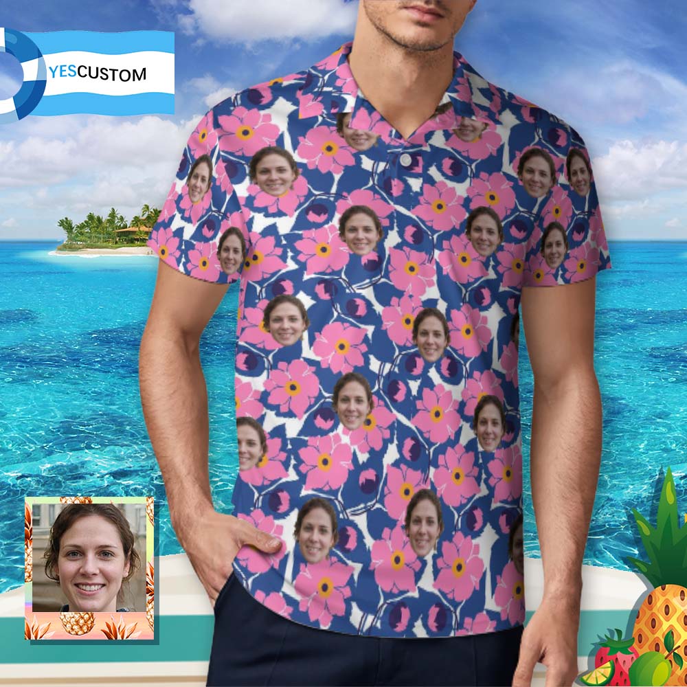 Custom Face Pink Flowers Polo Shirts for Men Personalized Shirts