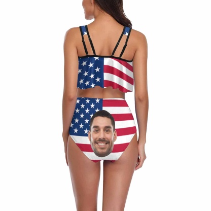 Custom #Ruffle Tankini #4th of July #Plus Size Up 5XL Custom Face American Flag Ruffle Tankini Swimsuit Personalized Women's Two Piece Bathing Suit Summer Set Beach Pool Outfits - YesCustom