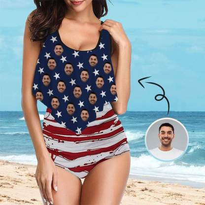 Custom #Ruffle Tankini #4th of July #Plus Size Up 5XL Custom Face American Flag Ruffle Tankini Swimsuit Personalized Women's Two Piece Bathing Suit Summer Set Beach Pool Outfits - YesCustom