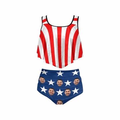 Custom #Ruffle Tankini #4th of July #Plus Size Up 5XL Custom Face American Flag Ruffle Tankini Swimsuit Personalized Women's Two Piece Bathing Suit Summer Set Beach Pool Outfits - YesCustom