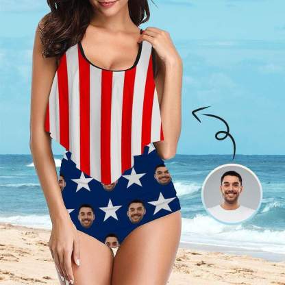 Custom #Ruffle Tankini #4th of July #Plus Size Up 5XL Custom Face American Flag Ruffle Tankini Swimsuit Personalized Women's Two Piece Bathing Suit Summer Set Beach Pool Outfits - YesCustom