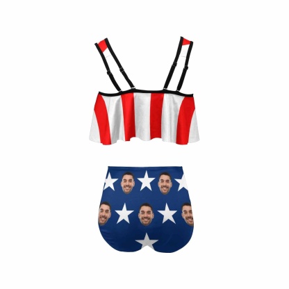 Custom #Ruffle Tankini #4th of July #Plus Size Up 5XL Custom Face American Flag Ruffle Tankini Swimsuit Personalized Women's Two Piece Bathing Suit Summer Set Beach Pool Outfits - YesCustom