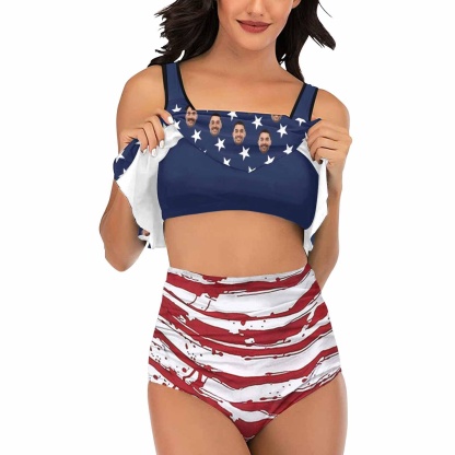 Custom #Ruffle Tankini #4th of July #Plus Size Up 5XL Custom Face American Flag Ruffle Tankini Swimsuit Personalized Women's Two Piece Bathing Suit Summer Set Beach Pool Outfits - YesCustom