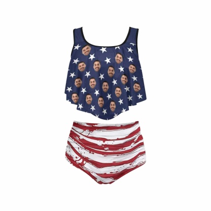Custom #Ruffle Tankini #4th of July #Plus Size Up 5XL Custom Face American Flag Ruffle Tankini Swimsuit Personalized Women's Two Piece Bathing Suit Summer Set Beach Pool Outfits - YesCustom