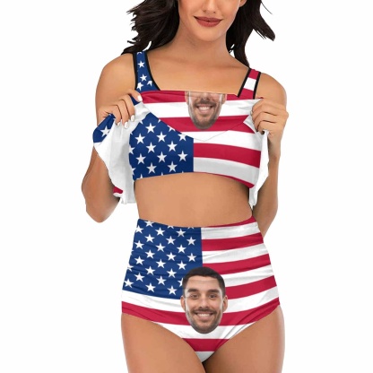 Custom #Ruffle Tankini #4th of July #Plus Size Up 5XL Custom Face American Flag Ruffle Tankini Swimsuit Personalized Women's Two Piece Bathing Suit Summer Set Beach Pool Outfits - YesCustom