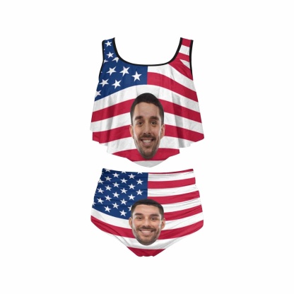 Custom #Ruffle Tankini #4th of July #Plus Size Up 5XL Custom Face American Flag Ruffle Tankini Swimsuit Personalized Women's Two Piece Bathing Suit Summer Set Beach Pool Outfits - YesCustom