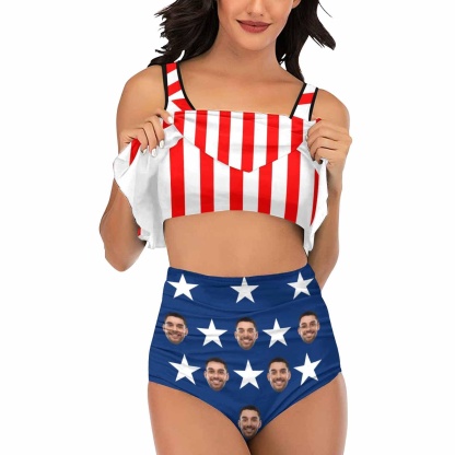 Custom #Ruffle Tankini #4th of July #Plus Size Up 5XL Custom Face American Flag Ruffle Tankini Swimsuit Personalized Women's Two Piece Bathing Suit Summer Set Beach Pool Outfits - YesCustom