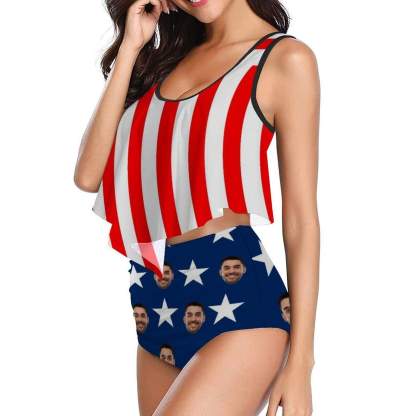 Custom #Ruffle Tankini #4th of July #Plus Size Up 5XL Custom Face American Flag Ruffle Tankini Swimsuit Personalized Women's Two Piece Bathing Suit Summer Set Beach Pool Outfits - YesCustom