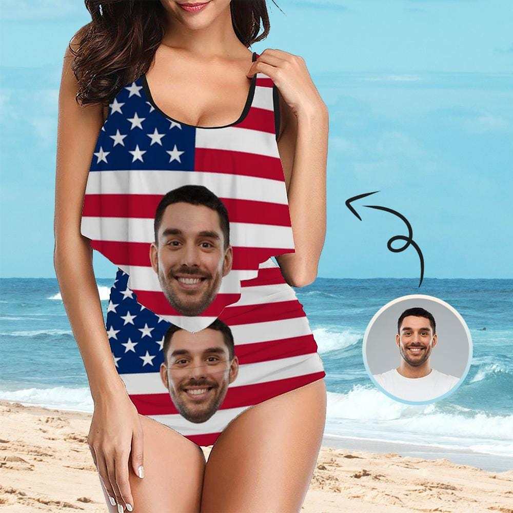 Custom #Ruffle Tankini #4th of July #Plus Size Up 5XL Custom Face American Flag Ruffle Tankini Swimsuit Personalized Women's Two Piece Bathing Suit Summer Set Beach Pool Outfits - YesCustom