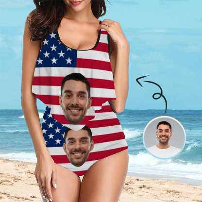 Custom #Ruffle Tankini #4th of July #Plus Size Up 5XL Custom Face American Flag Ruffle Tankini Swimsuit Personalized Women's Two Piece Bathing Suit Summer Set Beach Pool Outfits - YesCustom