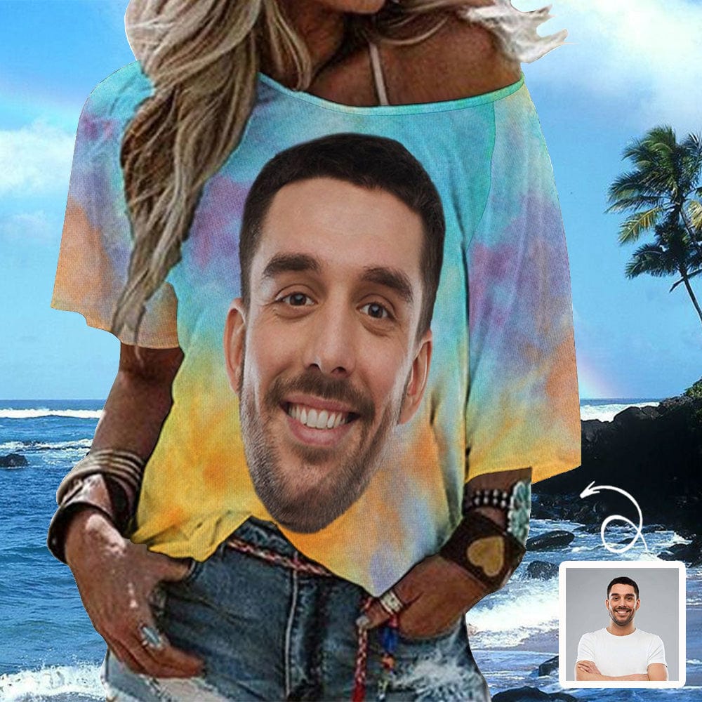 Custom Custom Boyfriend Face Tie Dye Slouchy Shirt Off Shoulder Personalized Slouchy Scoop Neck Tee Women's Mid Sleeve Straight Neck T-shirt - YesCustom