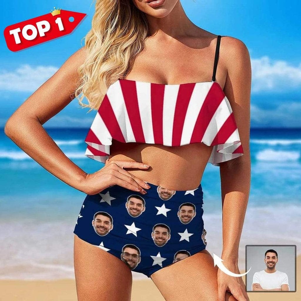 Custom #Small Bust#American Flag Style #Husband/Boyfriend Face On #Celebrate July Fourth - Personalized Face Women's Swimwear Beach Travel Boat Cruise Pool Party Outfits Recommended for Girls With Small Breasts - YesCustom
