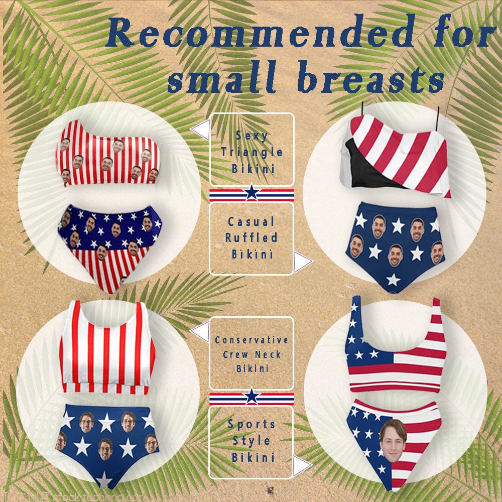 Custom #Small Bust#American Flag Style #Husband/Boyfriend Face On #Celebrate July Fourth - Personalized Face Women's Swimwear Beach Travel Boat Cruise Pool Party Outfits Recommended for Girls With Small Breasts - YesCustom